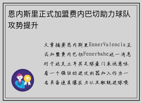 恩内斯里正式加盟费内巴切助力球队攻势提升