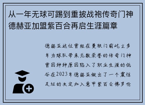 从一年无球可踢到重披战袍传奇门神德赫亚加盟紫百合再启生涯篇章
