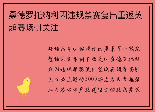桑德罗托纳利因违规禁赛复出重返英超赛场引关注 桑德罗托纳利因违规禁赛复出重返英超赛场引关注